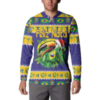 Blue and yellow button sweatshirt with toucan graphic and Feliz Natal on chest
