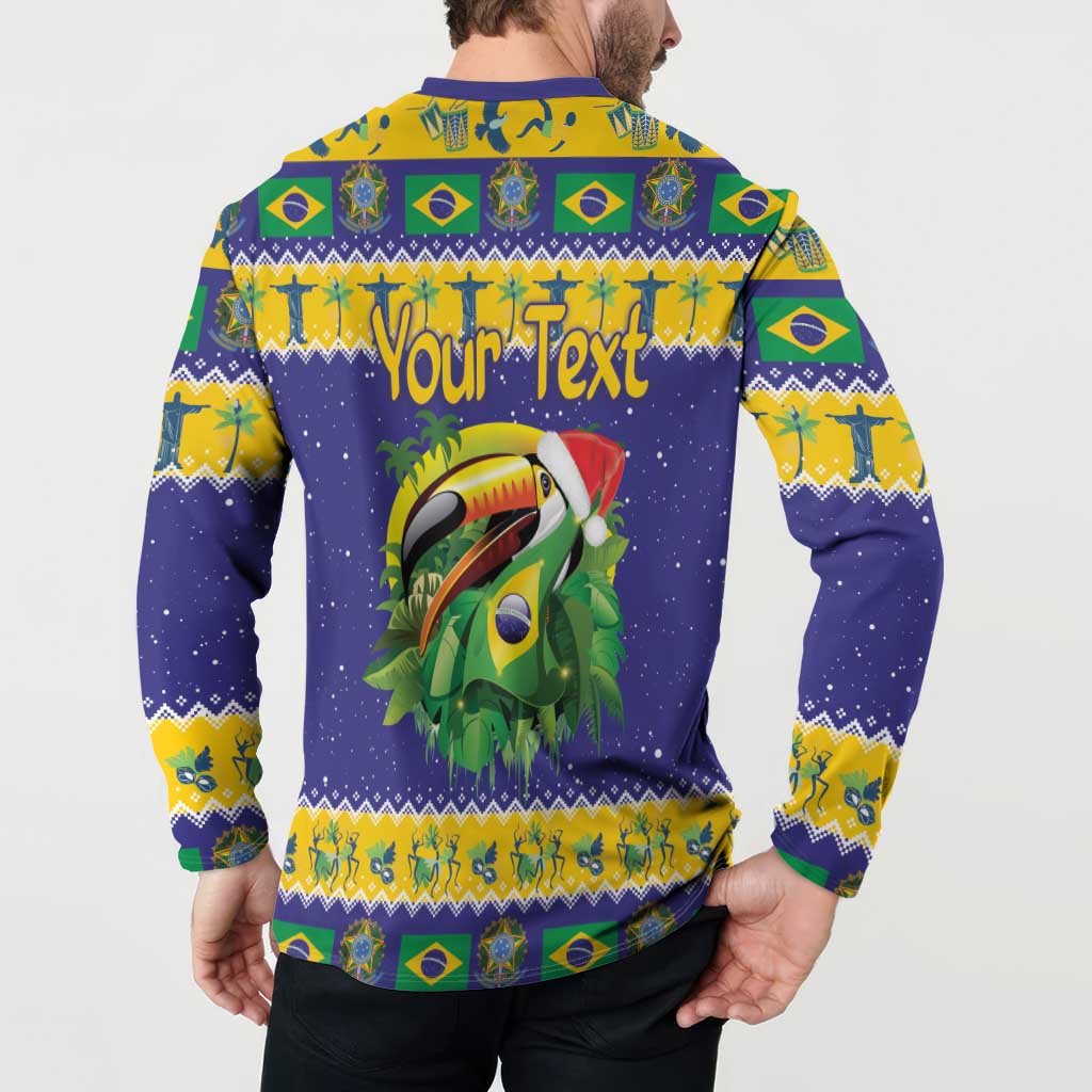 Blue and yellow button sweatshirt back print with toucan and YourText
