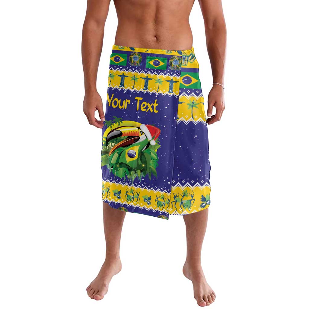 Men's printed holiday lava-lava shorts in blue, Brazil flag and toucan, 'Your Text'