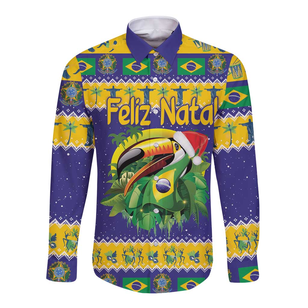 Personalized long-sleeve button shirt with toucan graphic and Brazil flag holiday pattern