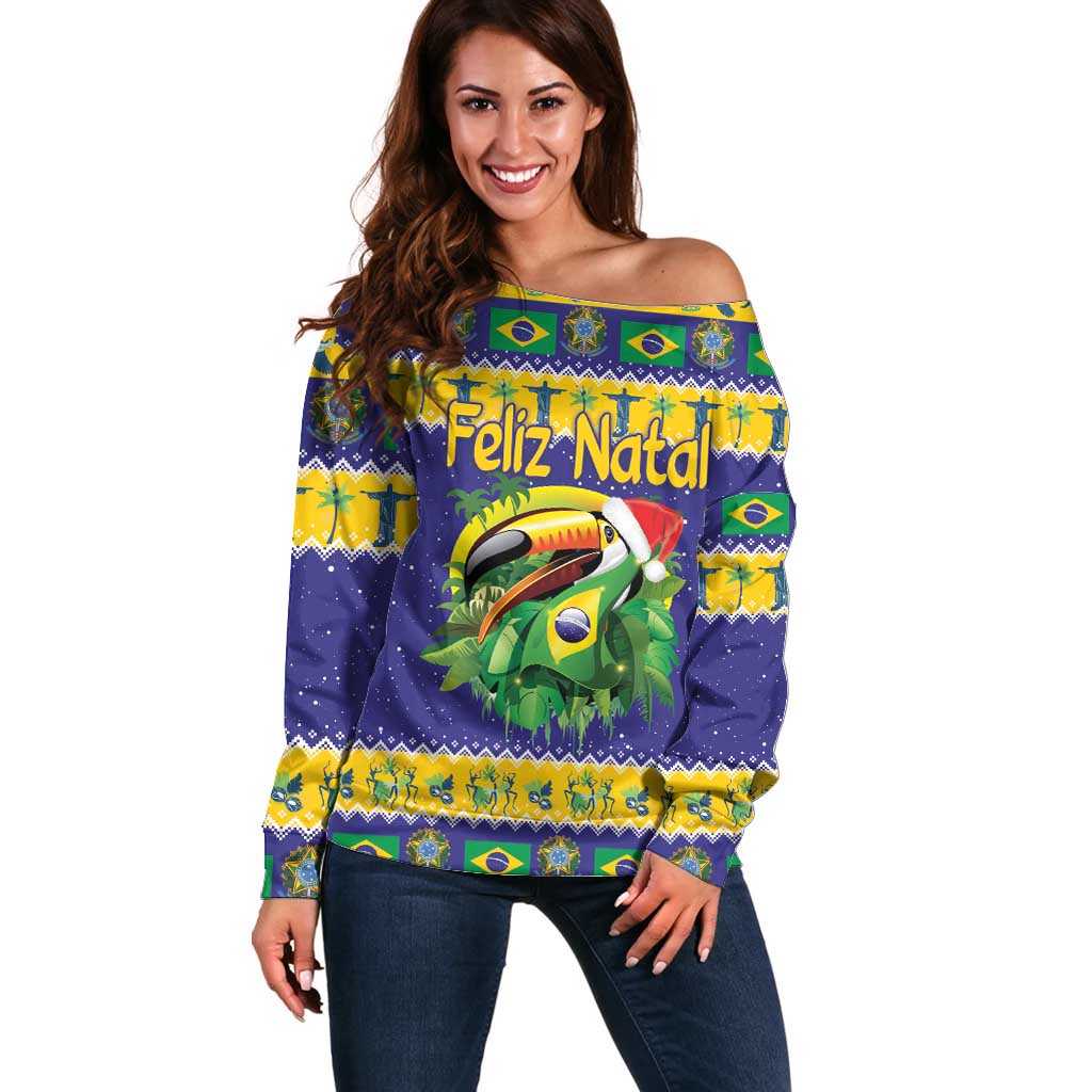 Personalized Brazil Christmas Off Shoulder Sweater Toco Toucan with Brazil Flag - Wonder Print Shop