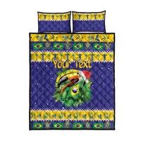 Personalized quilt bed set with blue toucan and Brazil flag border, includes pillowcases