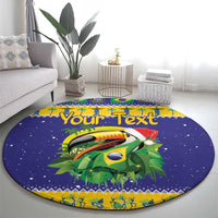 Round blue Christmas rug with toucan illustration, tropical foliage, and custom text.