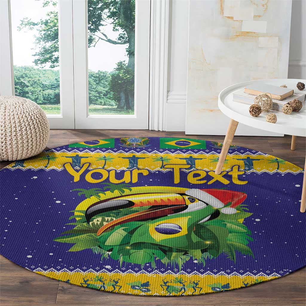 Round blue Christmas round rug with toucan graphic, tropical border, and custom text.