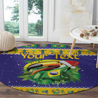 Round blue Christmas round rug with toucan graphic, tropical border, and custom text.