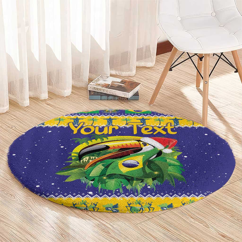 Round blue Christmas rug with toucan and tropical leaves design plus custom text.