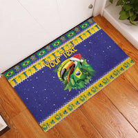 Personalized blue rubber doormat with toucan graphic and Brazil flag border, Your Text