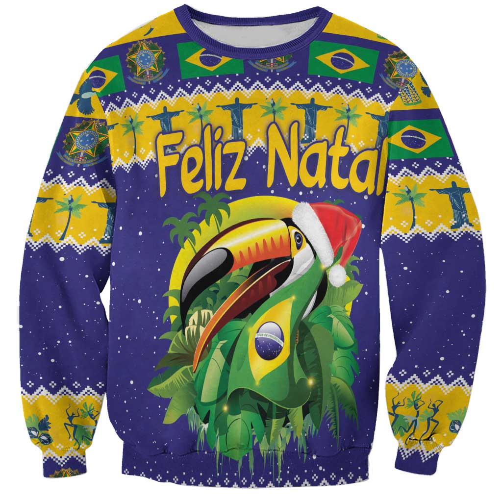 Unisex blue-purple Christmas sweatshirt with toucan, Feliz Natal, and Brazil flags