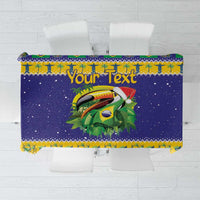 Personalized blue tablecloth with toucan & Brazil flag pattern, “Your Text”, fringe