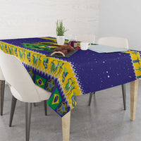 Blue tablecloth with toucan and Brazil flag pattern, fringed corner drape