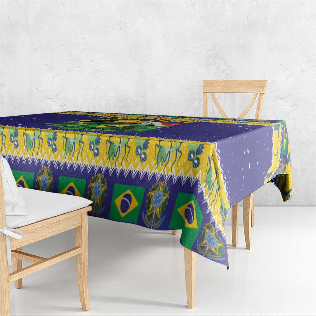 Blue tablecloth with toucan and Brazil flag pattern, side drape with fringe