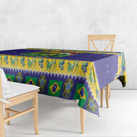 Blue tablecloth with toucan and Brazil flag pattern, side drape with fringe