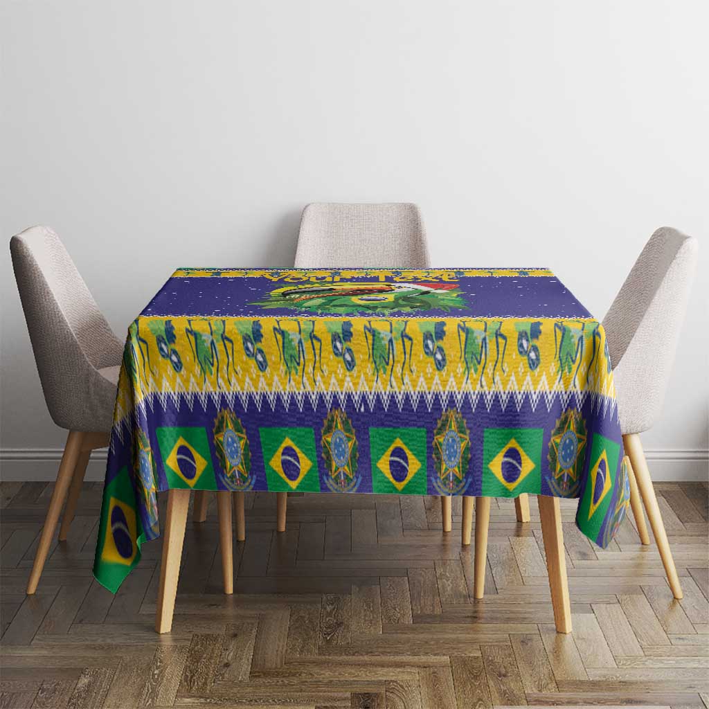 Blue square tablecloth with toucan and Brazil flag pattern, fringed hem