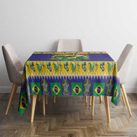 Blue square tablecloth with toucan and Brazil flag pattern, fringed hem