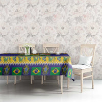 Blue tablecloth with toucan and Brazil flag pattern on dining table