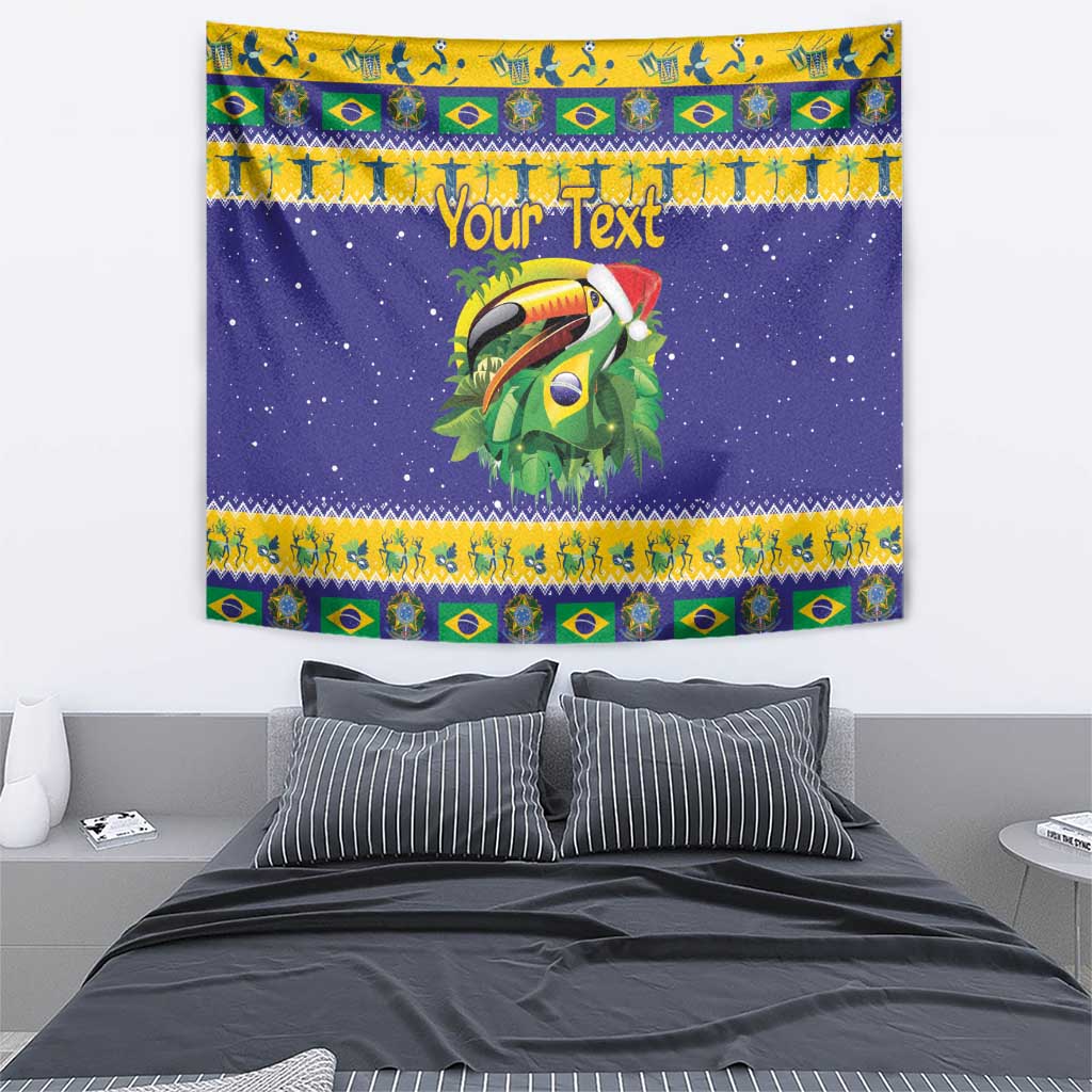 Blue personalized tapestry with toucan artwork and Brazil flag patterned top and bottom