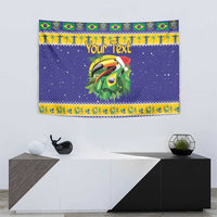Personalized wall tapestry showing a toucan head with Brazil flag border and confetti dots