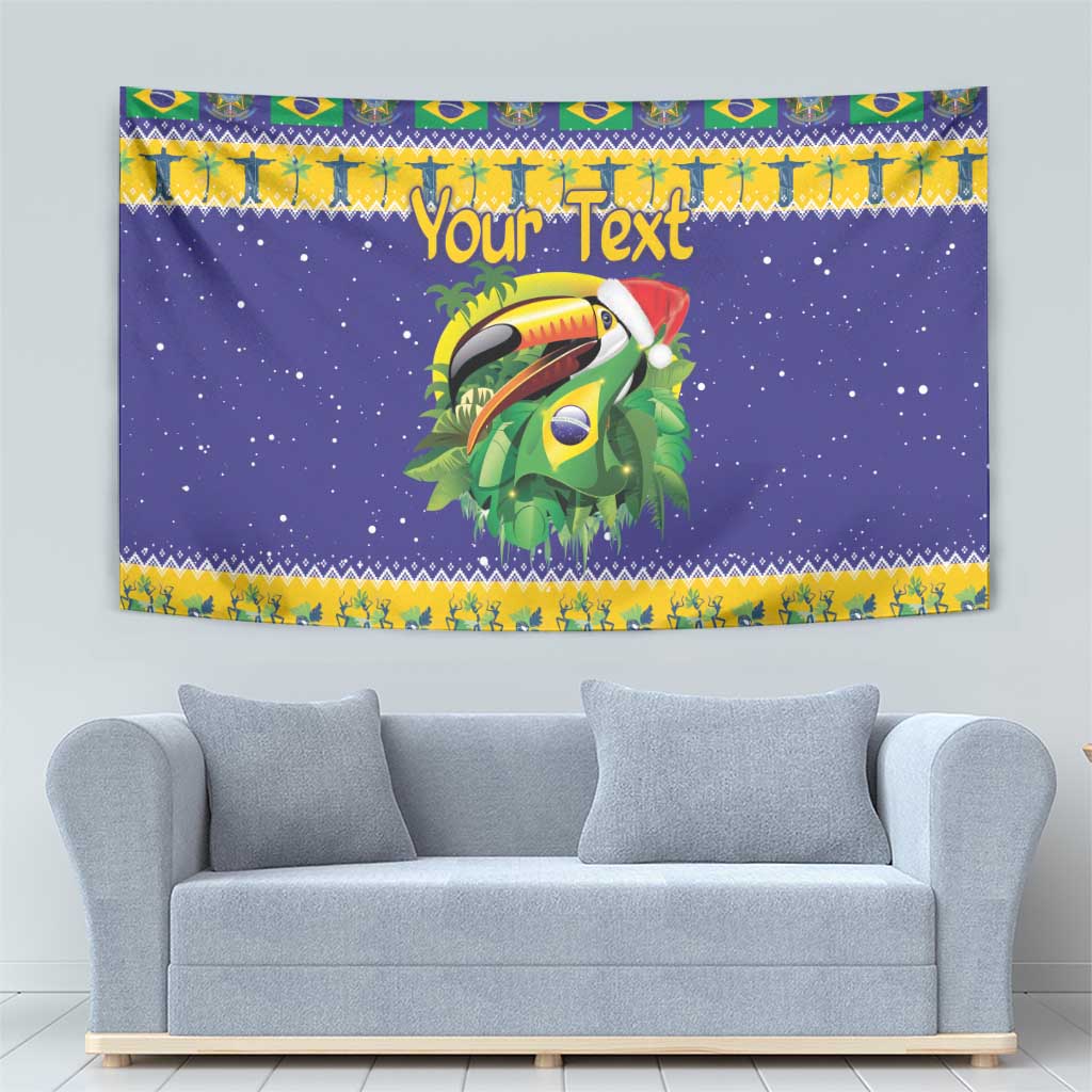 Personalized blue tapestry with toucan design and Brazil flag-themed trim around edges