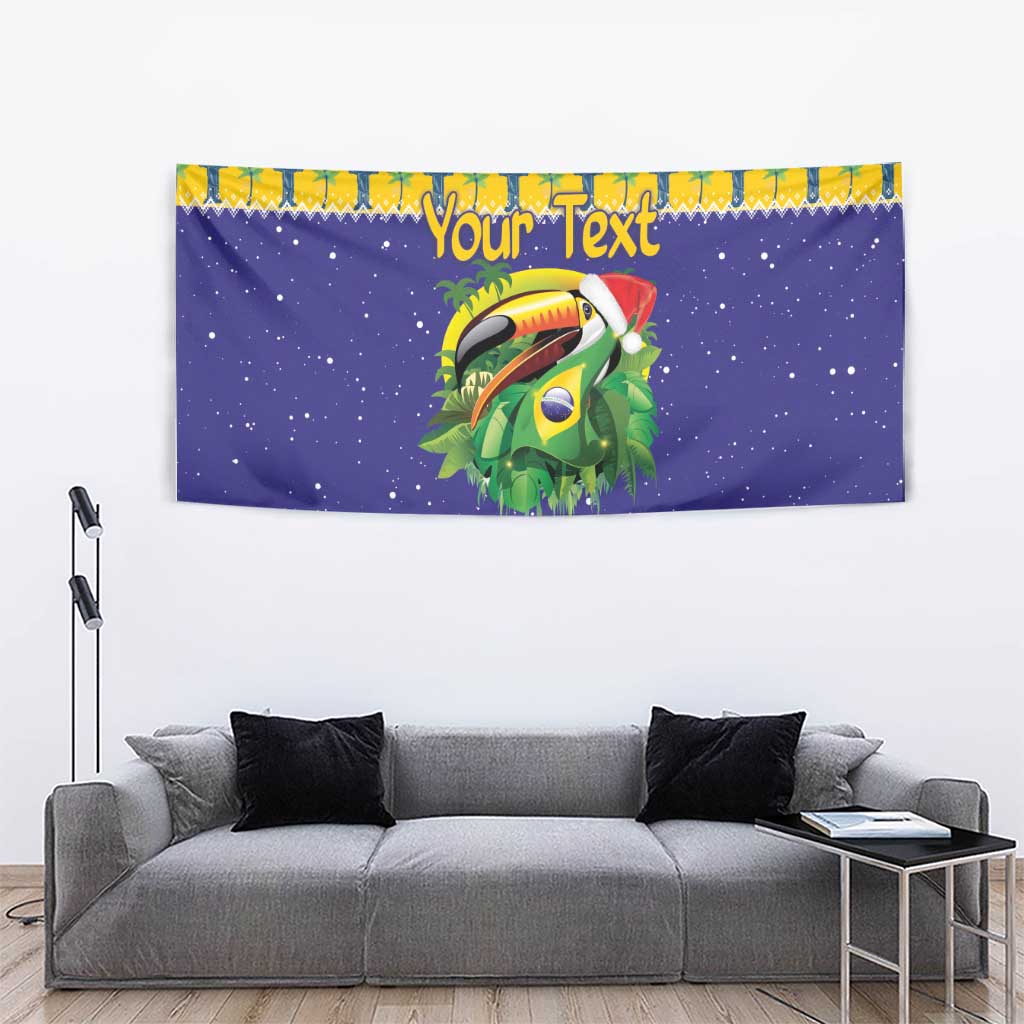 Personalized Brazil toucan Christmas tapestry with blue background and flag pattern accents