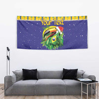 Personalized Brazil toucan Christmas tapestry with blue background and flag pattern accents