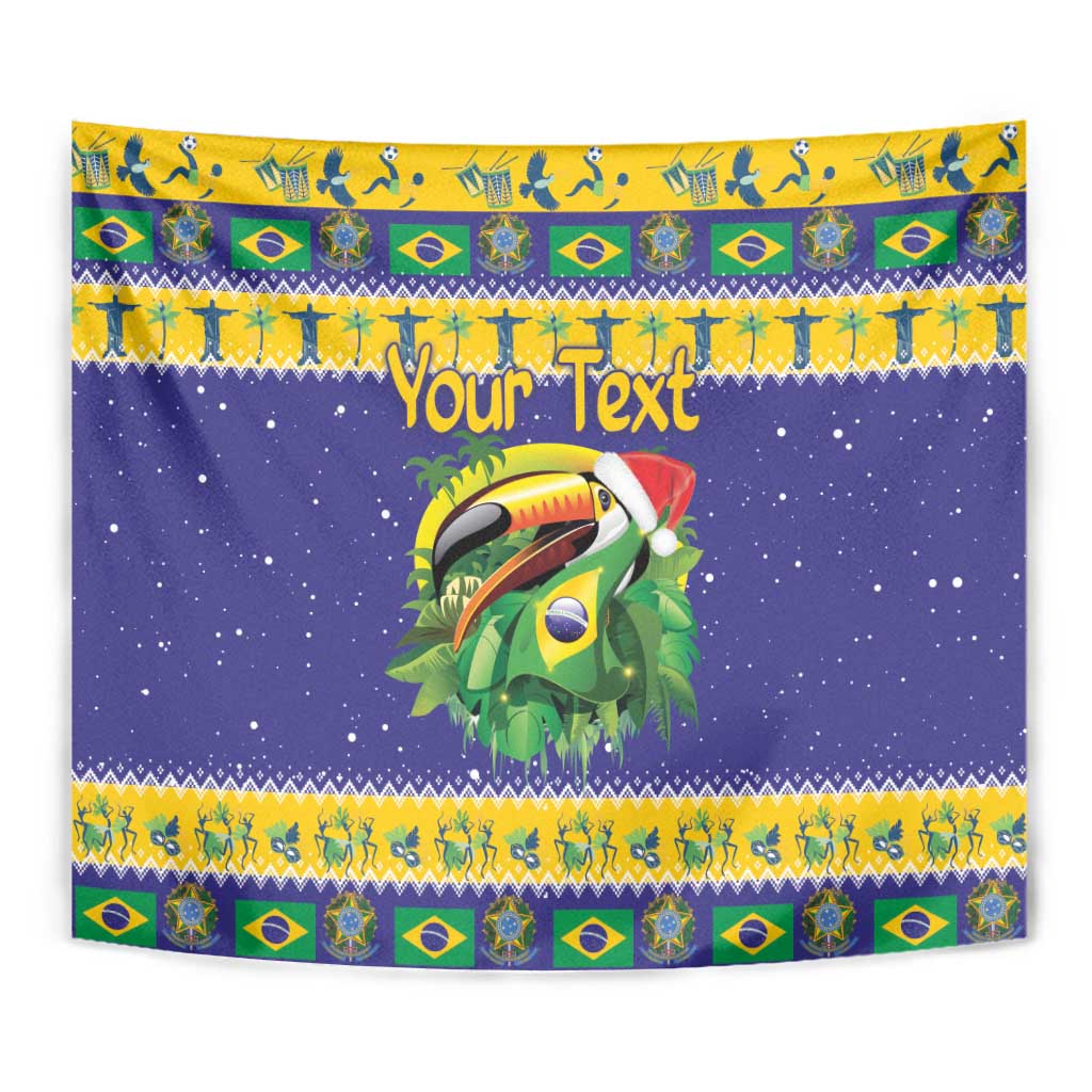 Close-up view of personalized toucan tapestry with Brazil flag trim and blue starry field