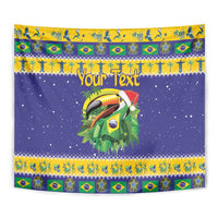 Close-up view of personalized toucan tapestry with Brazil flag trim and blue starry field
