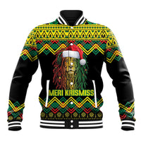 Black baseball jacket with yellow, green, red geometric pattern and lion graphic