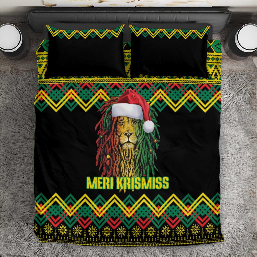 Black Christmas bedding set with lion wearing a Santa hat, “MERI KRISMISS” text and kente zigzags