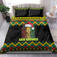 Black duvet bedding set with lion Santa hat graphic, “MERI KRISMISS” lettering, colorful kente border