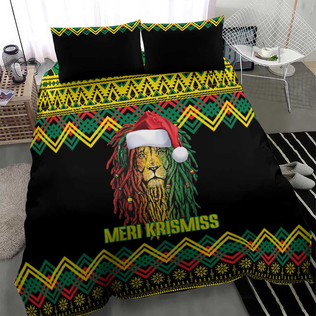 Black Christmas bedding with lion in Santa hat, “MERI KRISSMISS” text and green-yellow kente chevrons