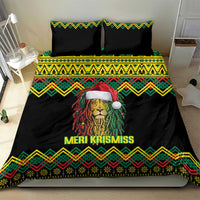Black bedding set featuring lion with red Santa hat, “MERI KRISMISS” text, kente zigzag trim