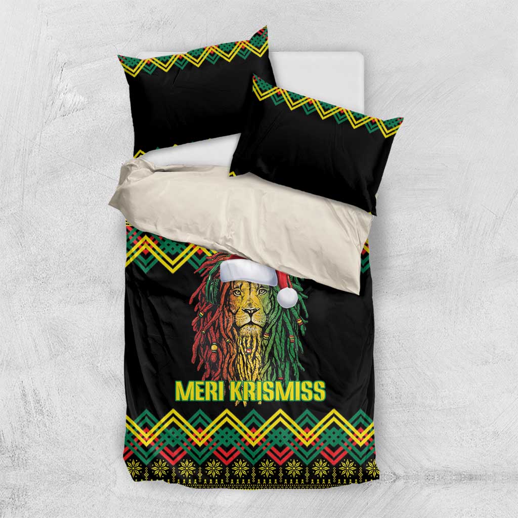 Black duvet cover bedding set with lion Santa hat, “MERI KRISMISS” text, colorful kente chevron band