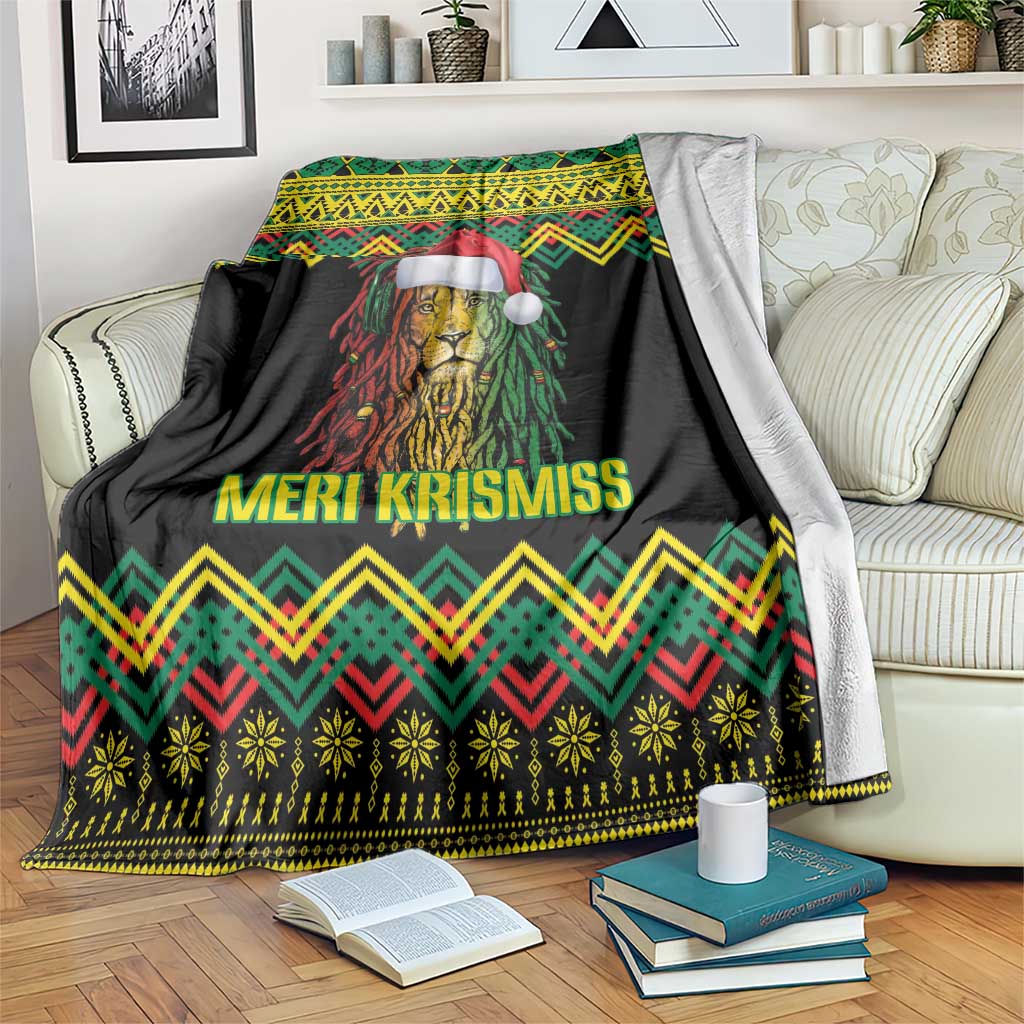 Black Christmas blanket with lion wearing Santa hat and colorful Kente zigzag trim