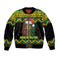 Black bomber jacket with kente pattern, lion graphic and Merry Krismiss front print