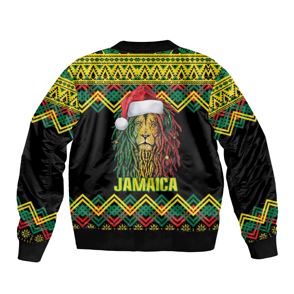 Black bomber jacket with kente pattern, lion graphic and Jamaica back print