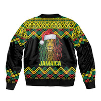Black bomber jacket with kente pattern, lion graphic and Jamaica back print
