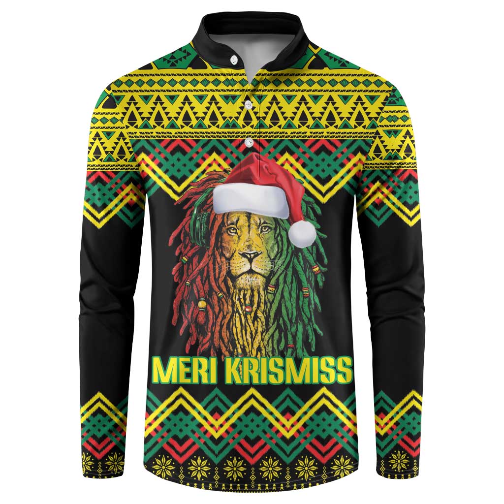 Black button sweatshirt with Kente pattern, lion in Santa hat, MERI KRISIMSS text