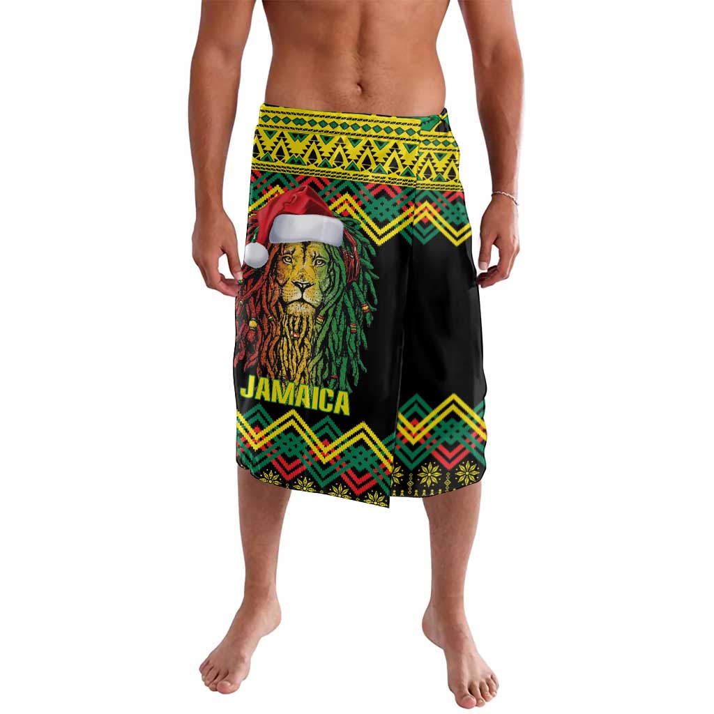 Black lavalava skirt with Jamaica lion graphic, zigzag kente-style border