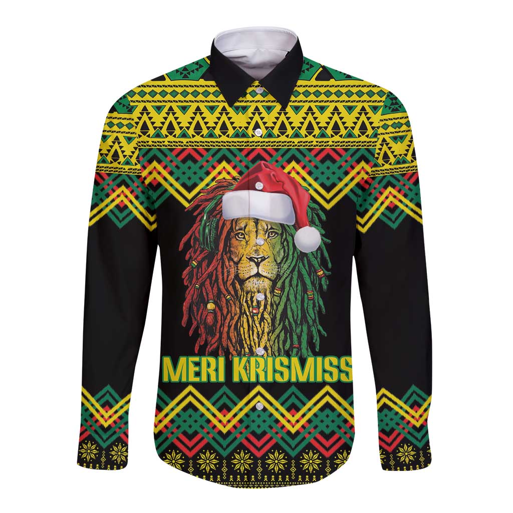 Long-sleeve button shirt, kente-style pattern, lion graphic with Santa hat, dark base