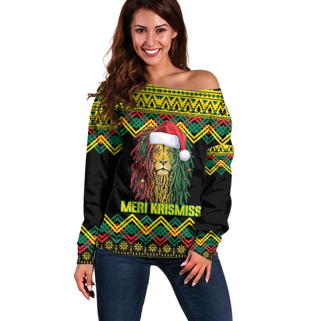 Jamaica Reggae Lion Christmas Off Shoulder Sweater Kente Pattern Meri Krismiss