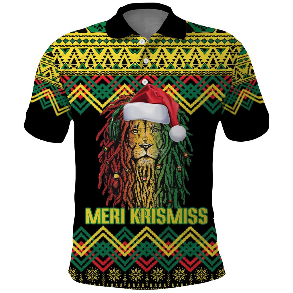 Jamaica Reggae Lion Christmas Polo Shirt Kente Pattern Meri Krismiss