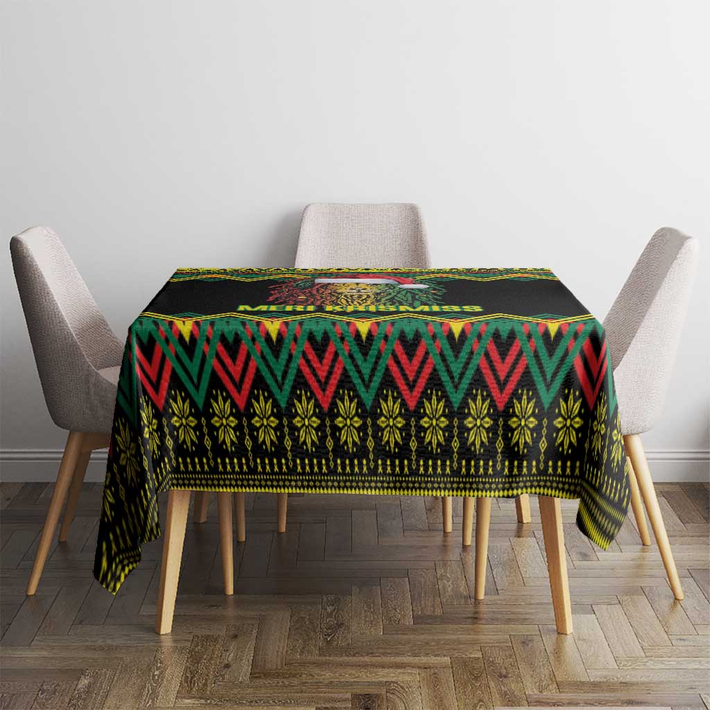 Black Christmas tablecloth with colorful kente stripe design and repeating diamond motifs