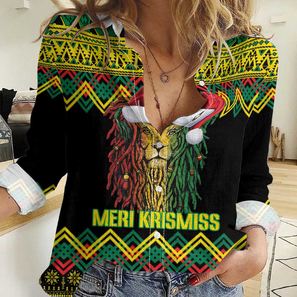 Jamaica Reggae Lion Christmas Women Casual Shirt Kente Pattern Meri Krismiss