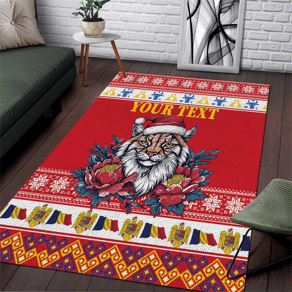 Personalized Romania Christmas Area Rug Eurasian Lynx With Peony Flowers