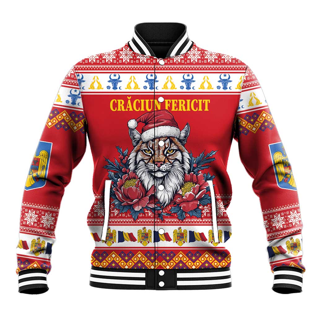 Red baseball jacket with striped collar, lynx in Santa hat and floral print, front text