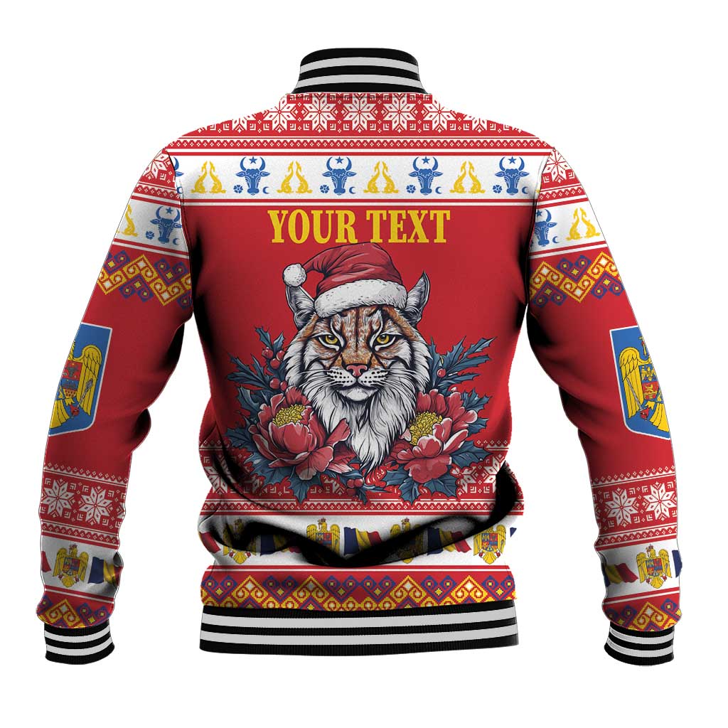 Red baseball jacket, back shows lynx in Santa hat and floral print with 'YOUR TEXT'