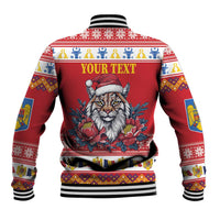 Red baseball jacket, back shows lynx in Santa hat and floral print with 'YOUR TEXT'
