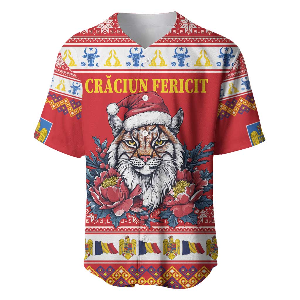 Personalized Romania Christmas Baseball Jersey Eurasian Lynx With Peony Flowers - Wonder Print Shop