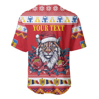 Red baseball jersey with lynx head graphic, peony flowers, and 'YOUR TEXT' center print