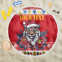 Red round beach blanket with fringed edge, 'Your Text' and Eurasian lynx graphic